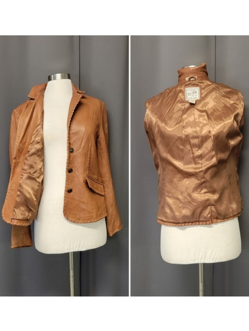 Vintage Ruff Hewn Leather Blazer Cognac‎ Brown Whipstitch Trim Western Jacket M